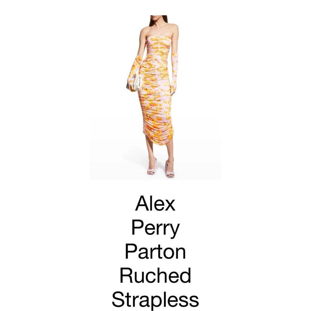 rry Parton Ruched Strapless Midi Dress with Gloves